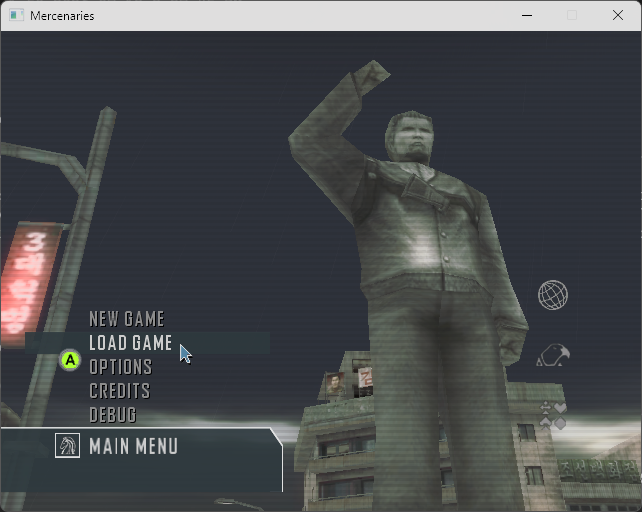 The Mercenaries main menu rendered inside a native Windows application window